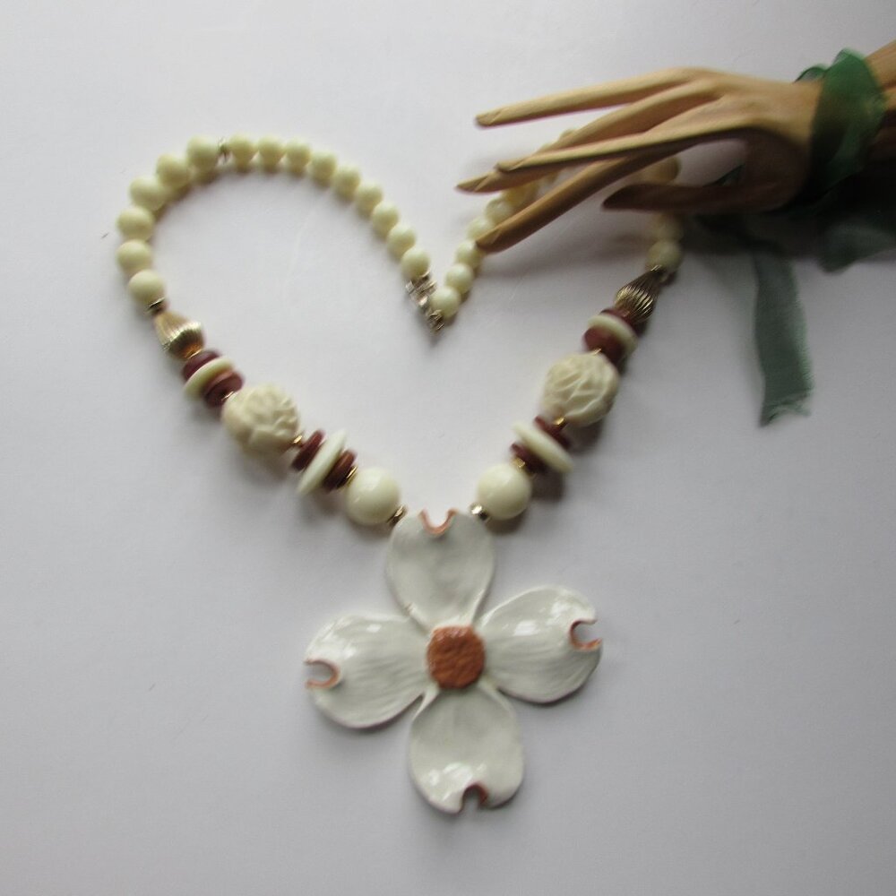 Vintage Pendant Necklace Ceramic Dogwood Blossom